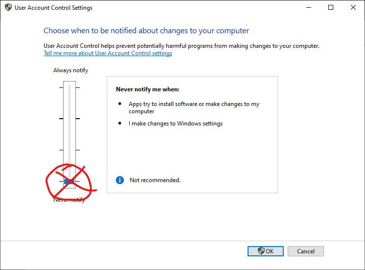 UAC with 'never notify' setting circled and crossed out