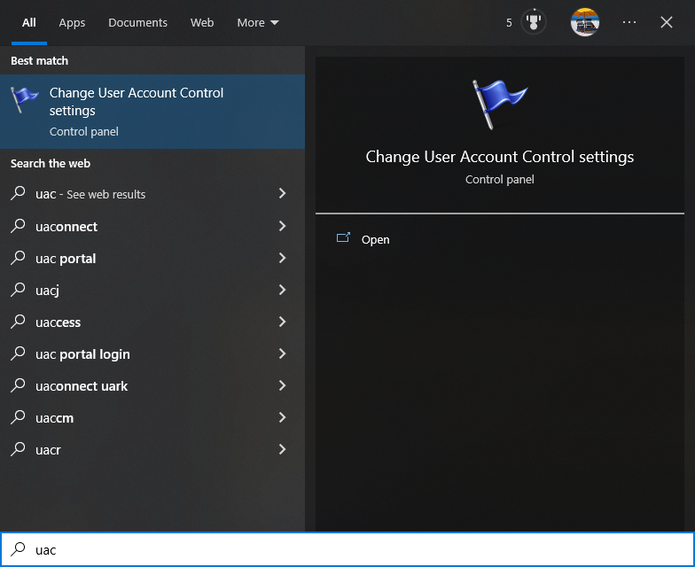 screenshot of start menu after typing 'UAC'