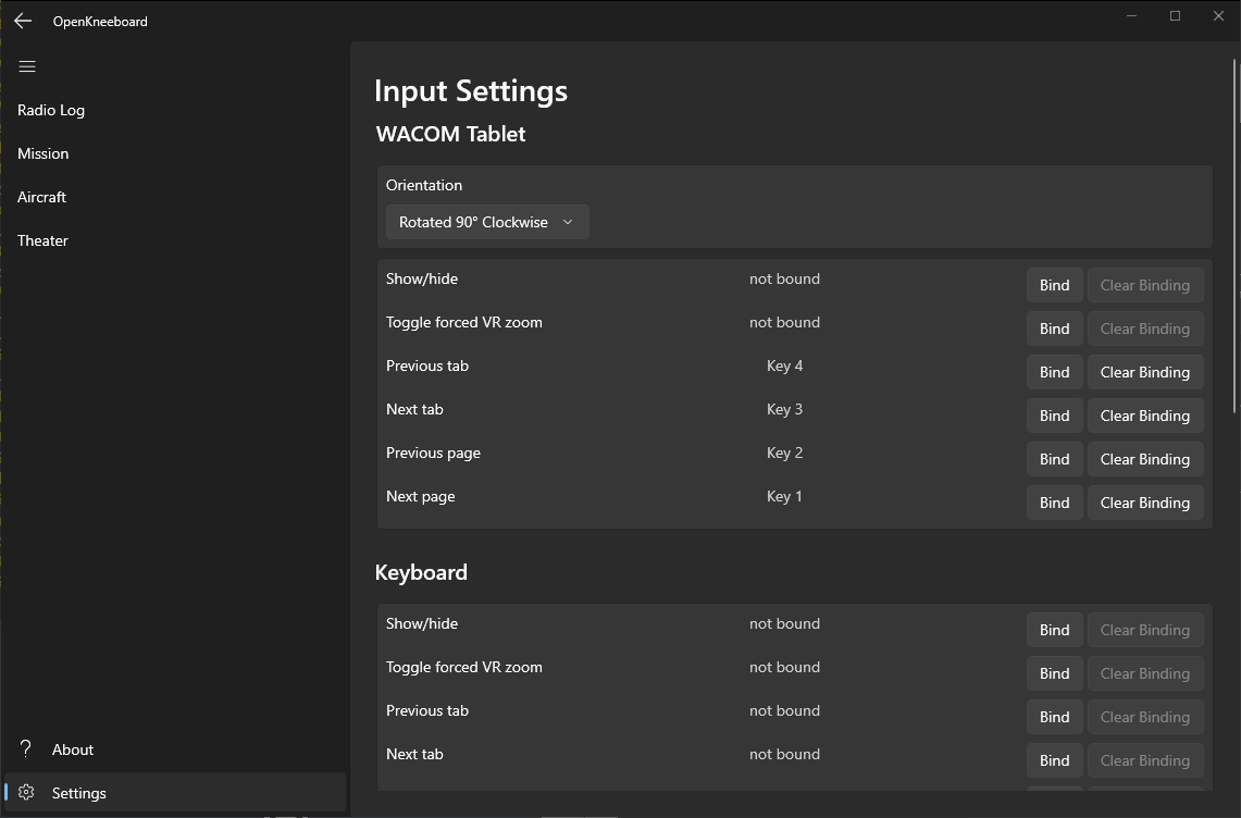 screenshot of settings page with 'wacom tablet' option